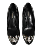 Black Leather Crystals Heels Pumps Shoes