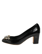 Black Leather Crystals Heels Pumps Shoes