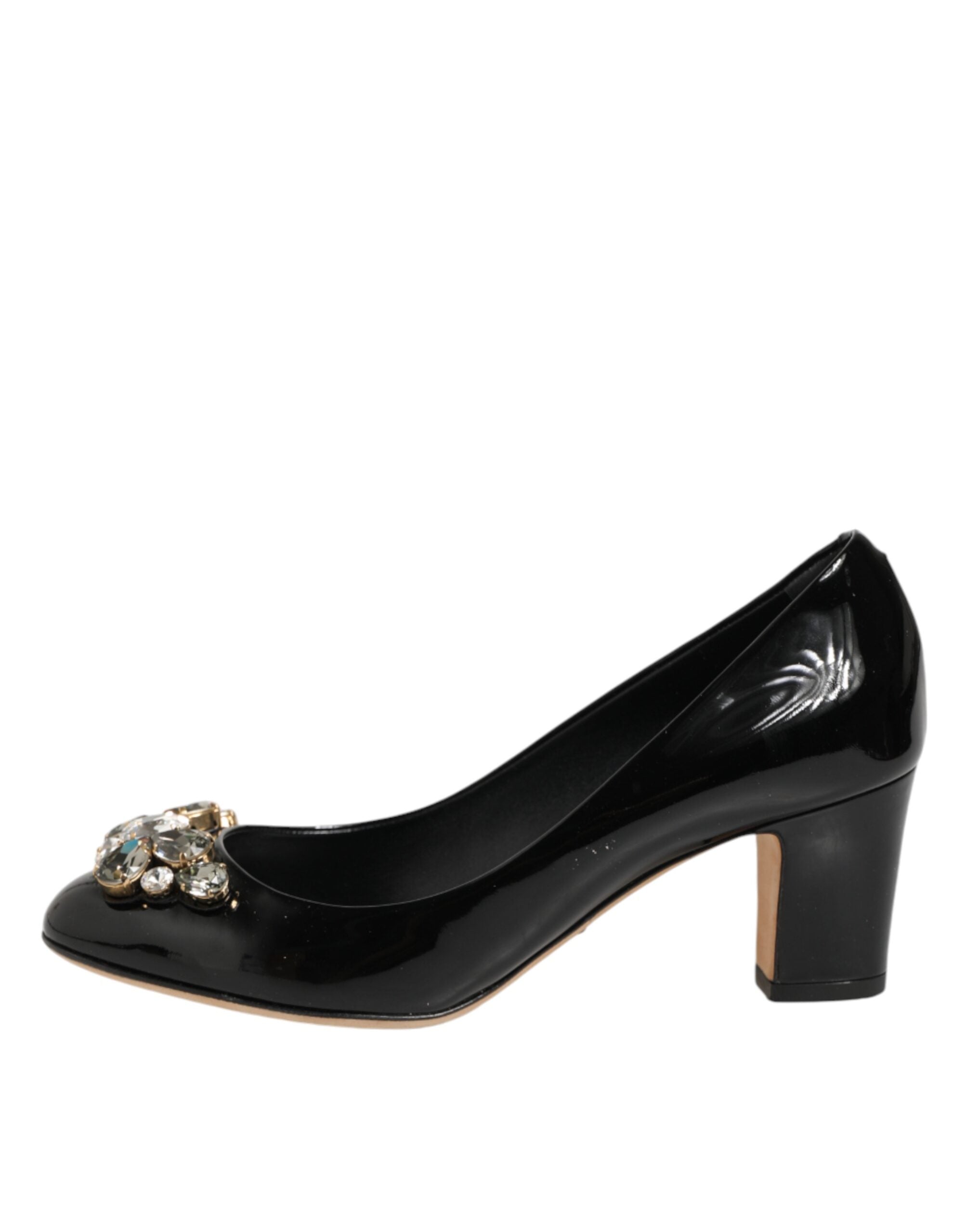 Black Leather Crystals Heels Pumps Shoes