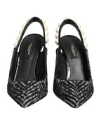 White Black Chevron Faux Pearl Slingbacks Shoes