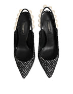 White Black Chevron Faux Pearl Slingbacks Shoes