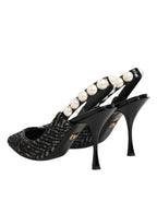 White Black Chevron Faux Pearl Slingbacks Shoes