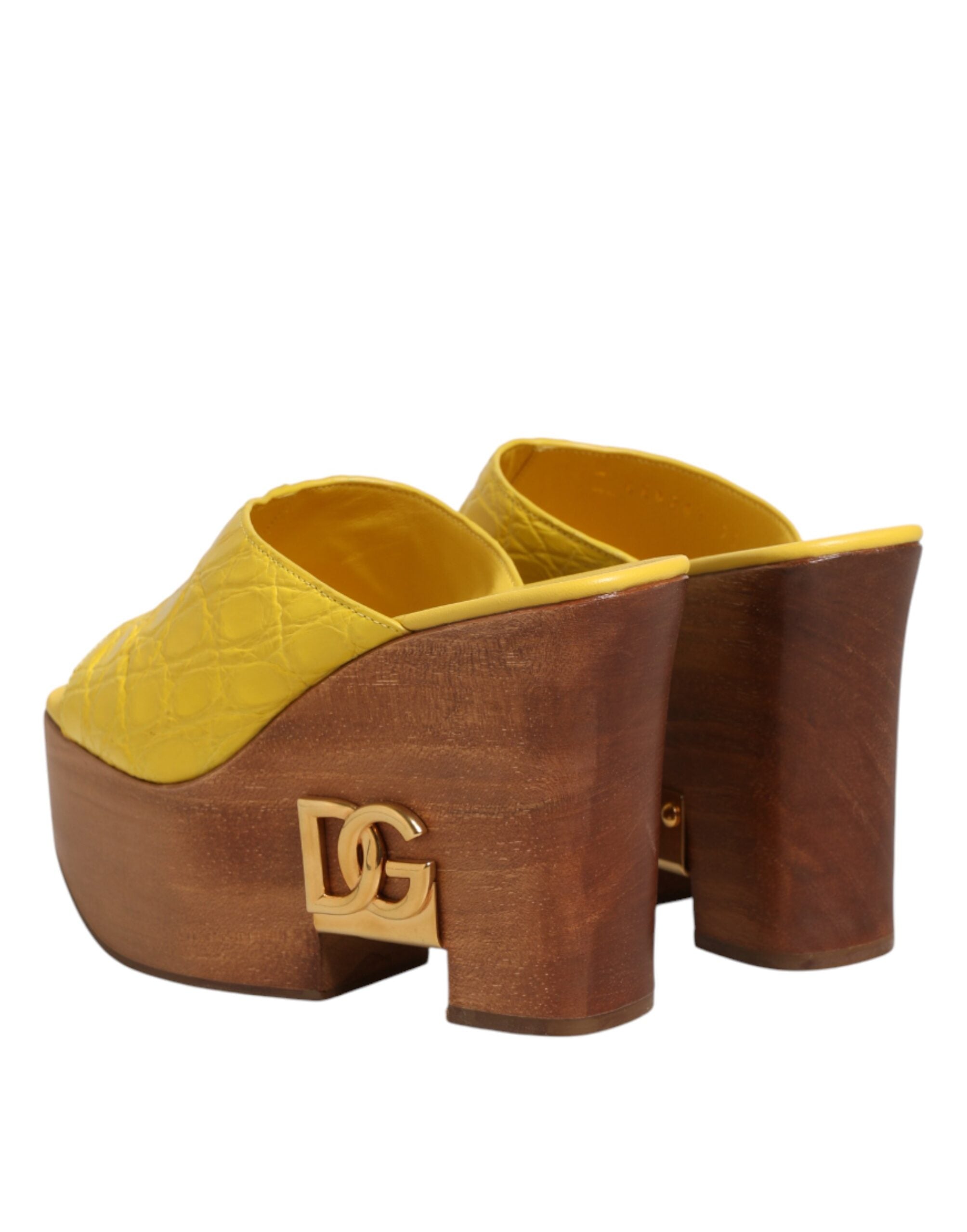 Yellow Leather Wood Mule Wedge Slides Shoes