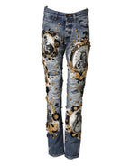 Blue Ripped Embellished Cotton Denim Jeans