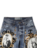 Blue Ripped Embellished Cotton Denim Jeans
