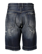 Blue Cotton Distressed Denim Bermuda Shorts