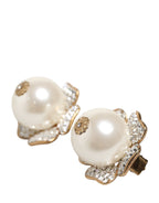 Gold Tone Maxi Faux Pearl Floral Clip-on Jewelry Earrings