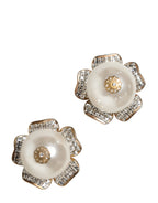 Gold Tone Maxi Faux Pearl Floral Clip-on Jewelry Earrings