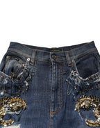 Blue Cotton Rhinestone Embellish Denim Jeans