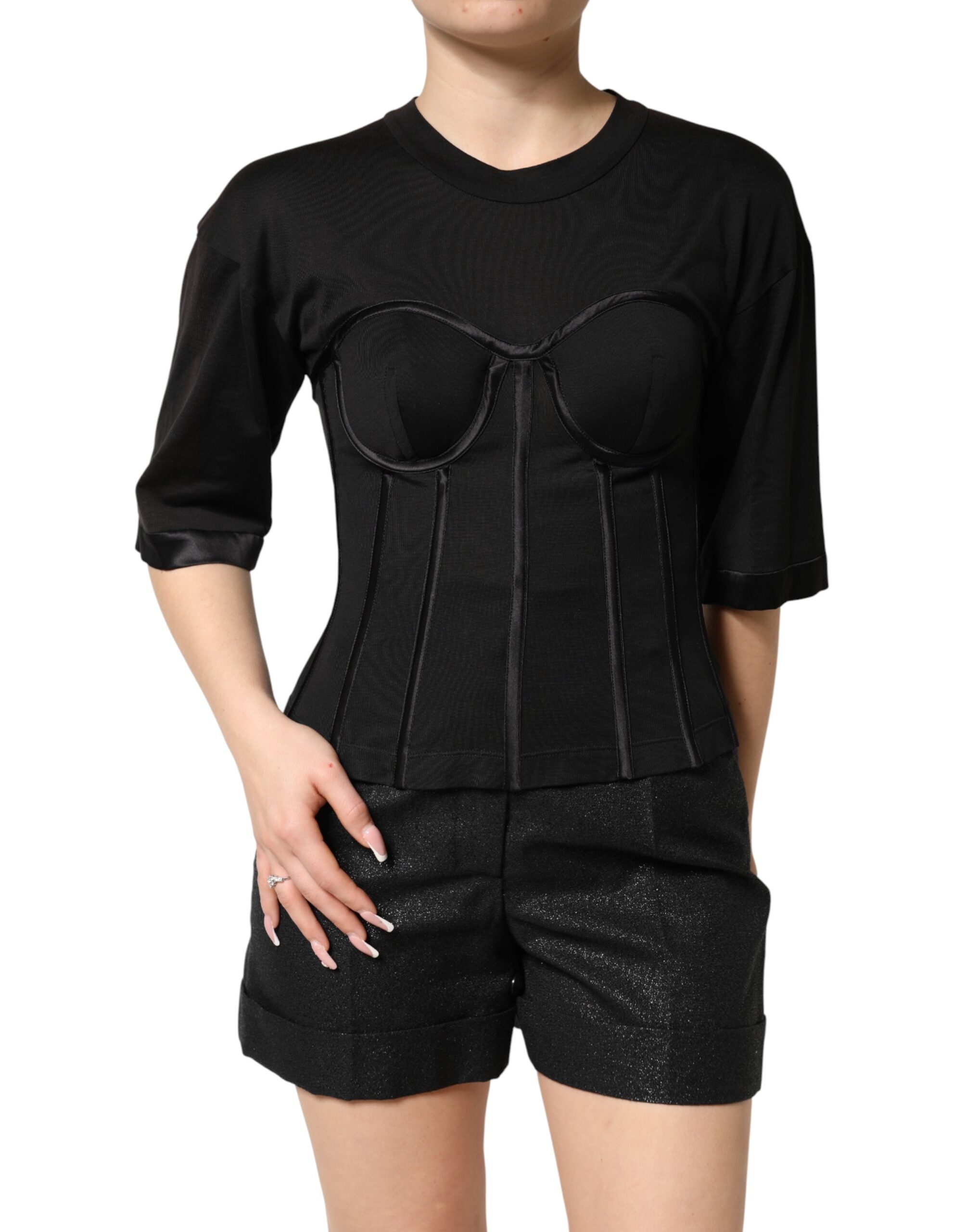 Black Cotton Bustier Corset Short Sleeves T-shirt