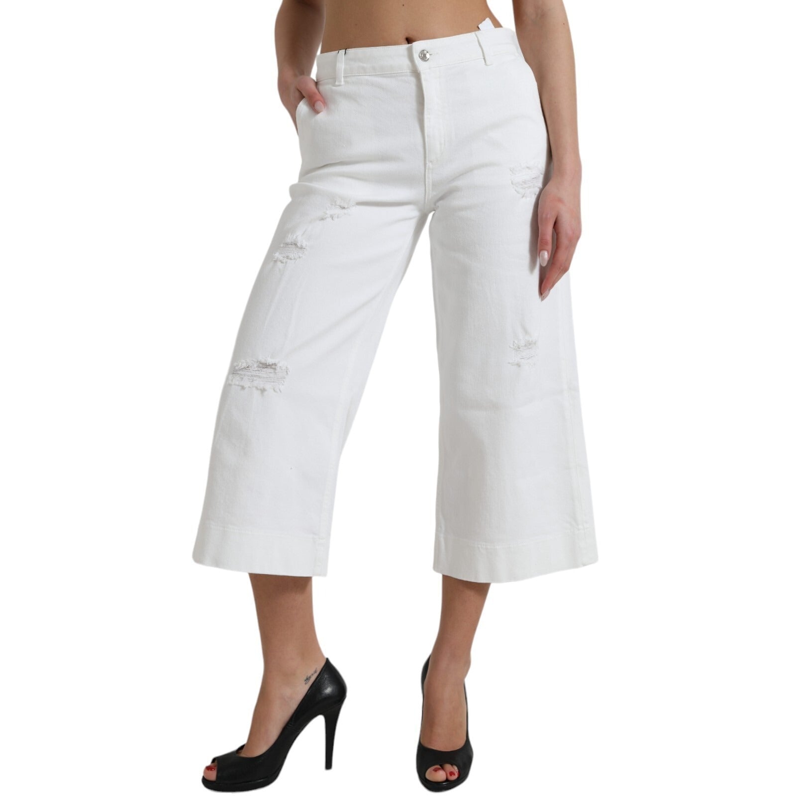 Wide Leg White Cotton Cropped Denim Jeans