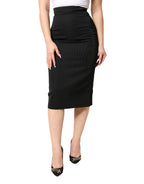 Black Cotton Pencil Cut High Waist Midi Skirt