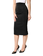 Black Cotton Pencil Cut High Waist Midi Skirt