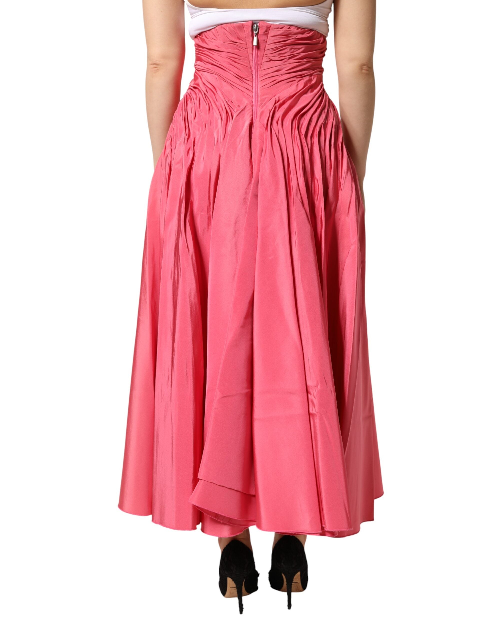 Pink Silk Pleated High Waist Midi Skirt