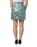 Blue Floral Brocade High Waist Mini Skirt