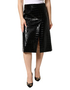 Black Croc Faux-Leather Mid Waist Midi Skirt