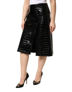 Black Croc Faux-Leather Mid Waist Midi Skirt