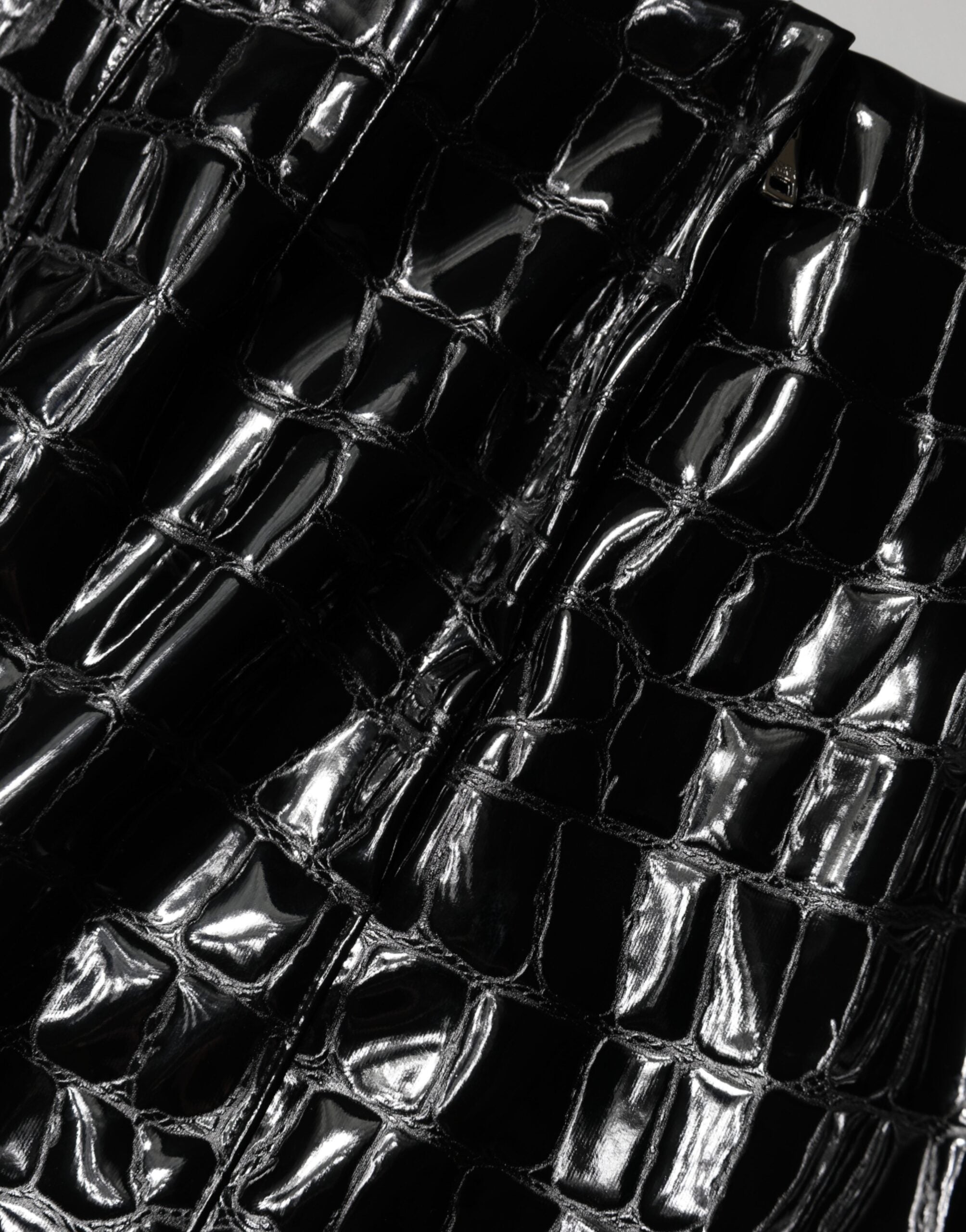 Black Croc Faux-Leather Mid Waist Midi Skirt