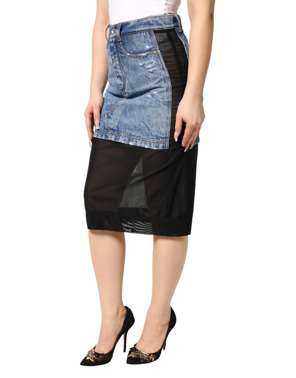 Blue Black Cotton Denim Sheer Midi Skirt