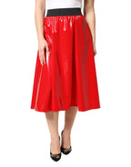 Glossy Red Polyester High Waist Midi Skirt
