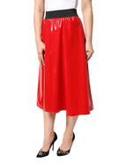 Glossy Red Polyester High Waist Midi Skirt