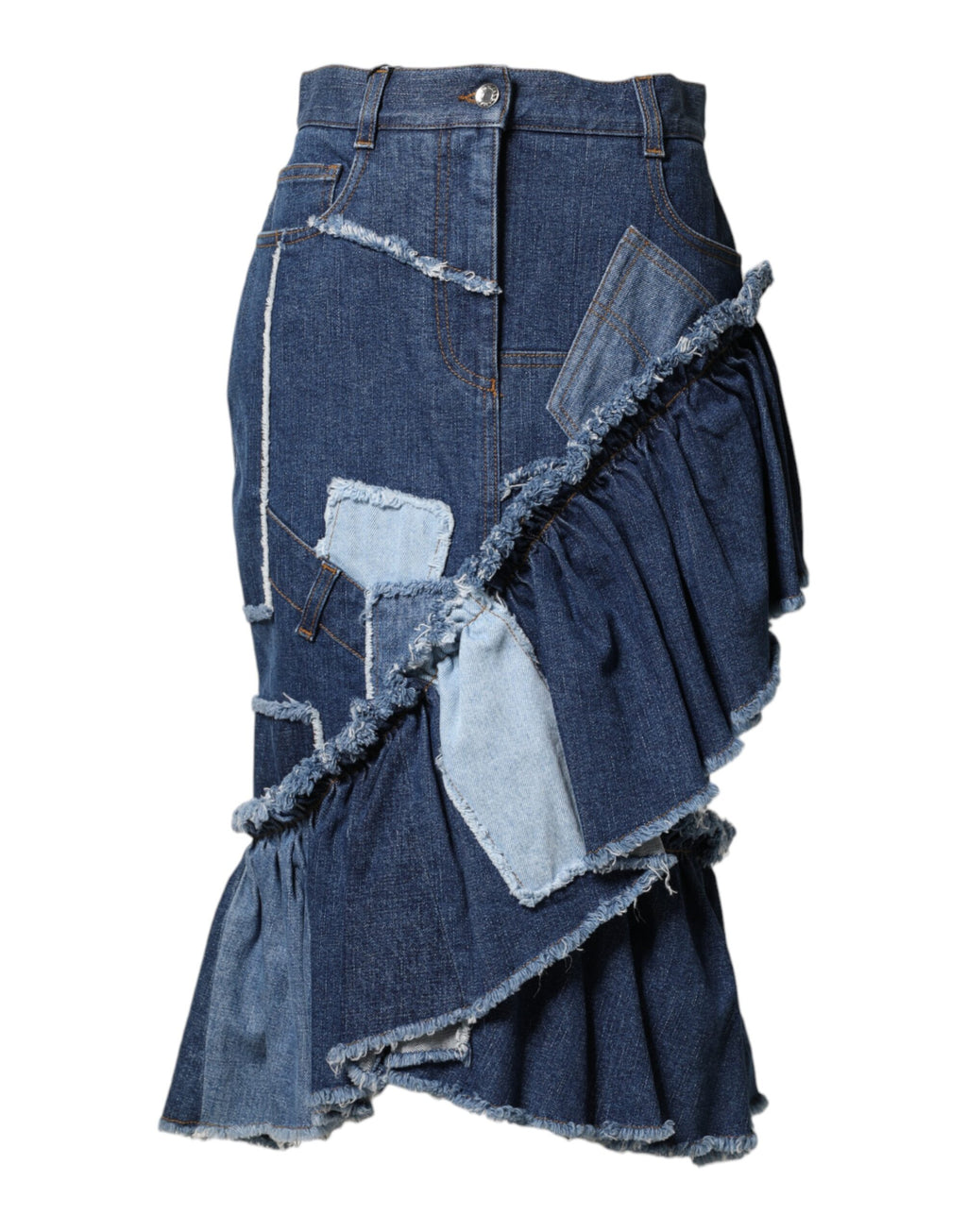 Blue Patchwork Layered Denim Midi Skirt