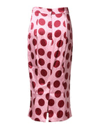 Pink Polka Dot Silk Pencil Cut Midi Skirt