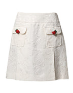 White Floral Brocade High Waist Mini Skirt