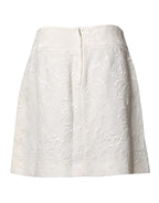 White Floral Brocade High Waist Mini Skirt