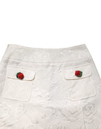 White Floral Brocade High Waist Mini Skirt