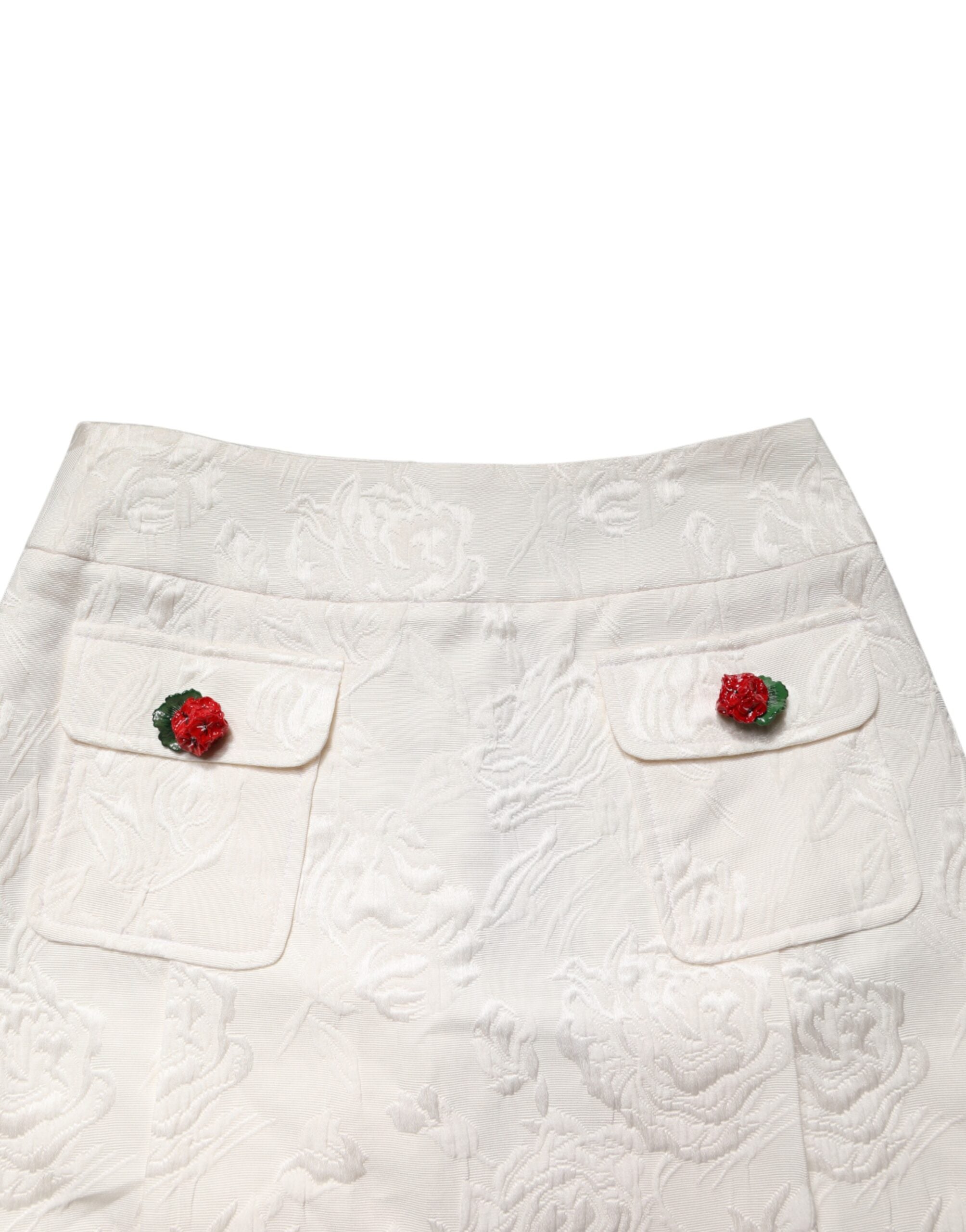 White Floral Brocade High Waist Mini Skirt