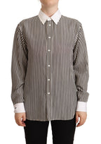 Black White Striped Long Sleeves Collared Top
