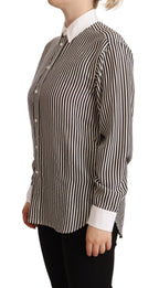 Black White Striped Long Sleeves Collared Top