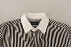 Black White Striped Long Sleeves Collared Top