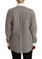 Black White Striped Long Sleeves Collared Top