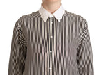 Black White Striped Long Sleeves Collared Top