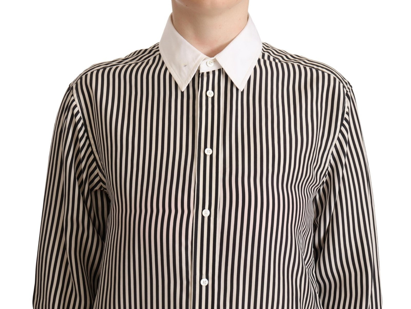 Black White Striped Long Sleeves Collared Top