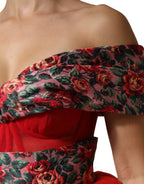 Red Floral Off Shoulder A-line Gown Dress
