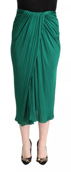 Dark Green High Waist Midi Skirt Pencil Cut Pleated