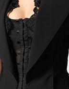 Black Lace V-neck Slit Hem Gathered Waist Vest Jacket