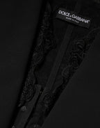 Black Lace V-neck Slit Hem Gathered Waist Vest Jacket