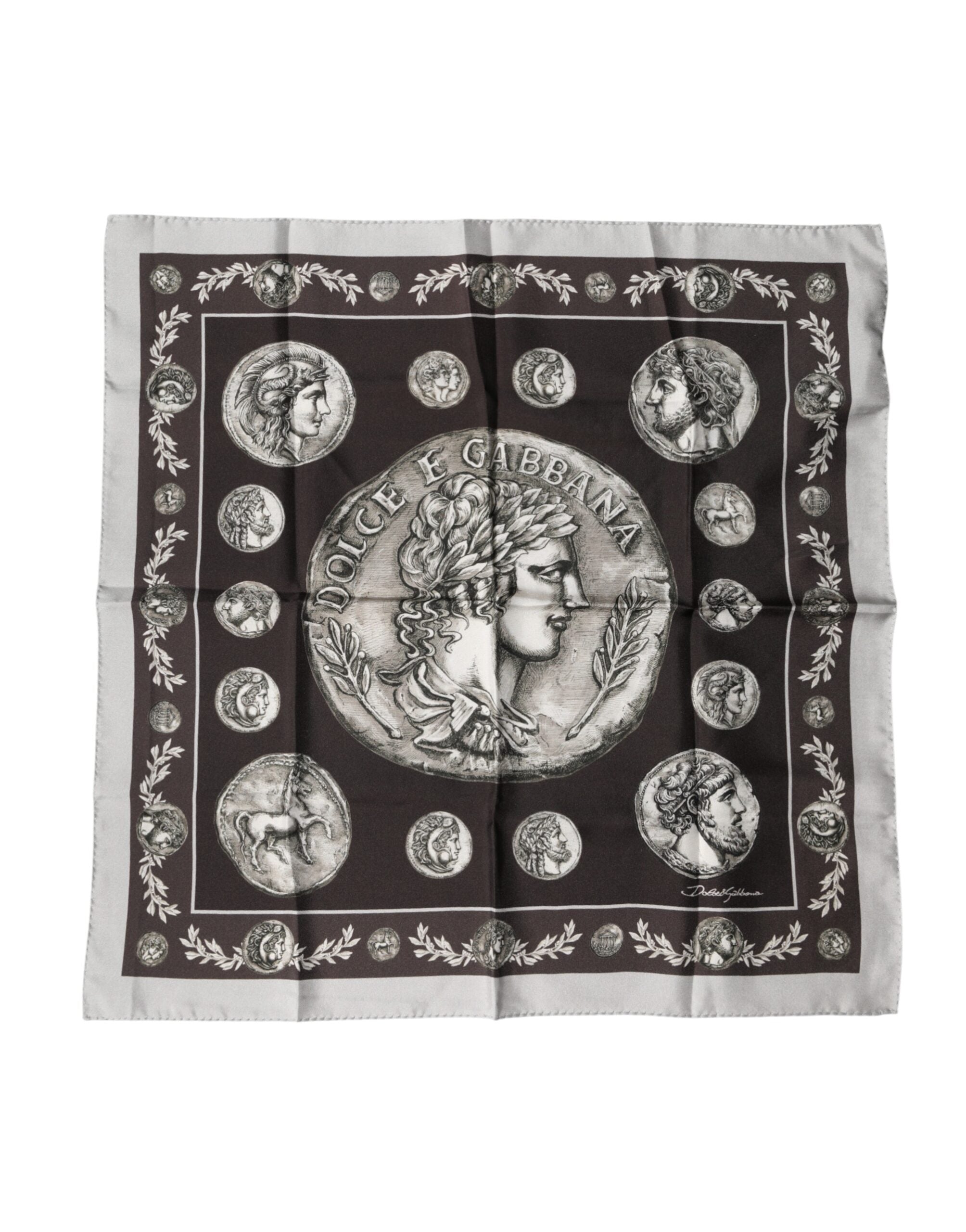 Brown Roman Coin Print Silk Square Foulard Scarf