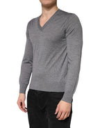 Gray Cashmere V-Neck Men Pullover Sweater