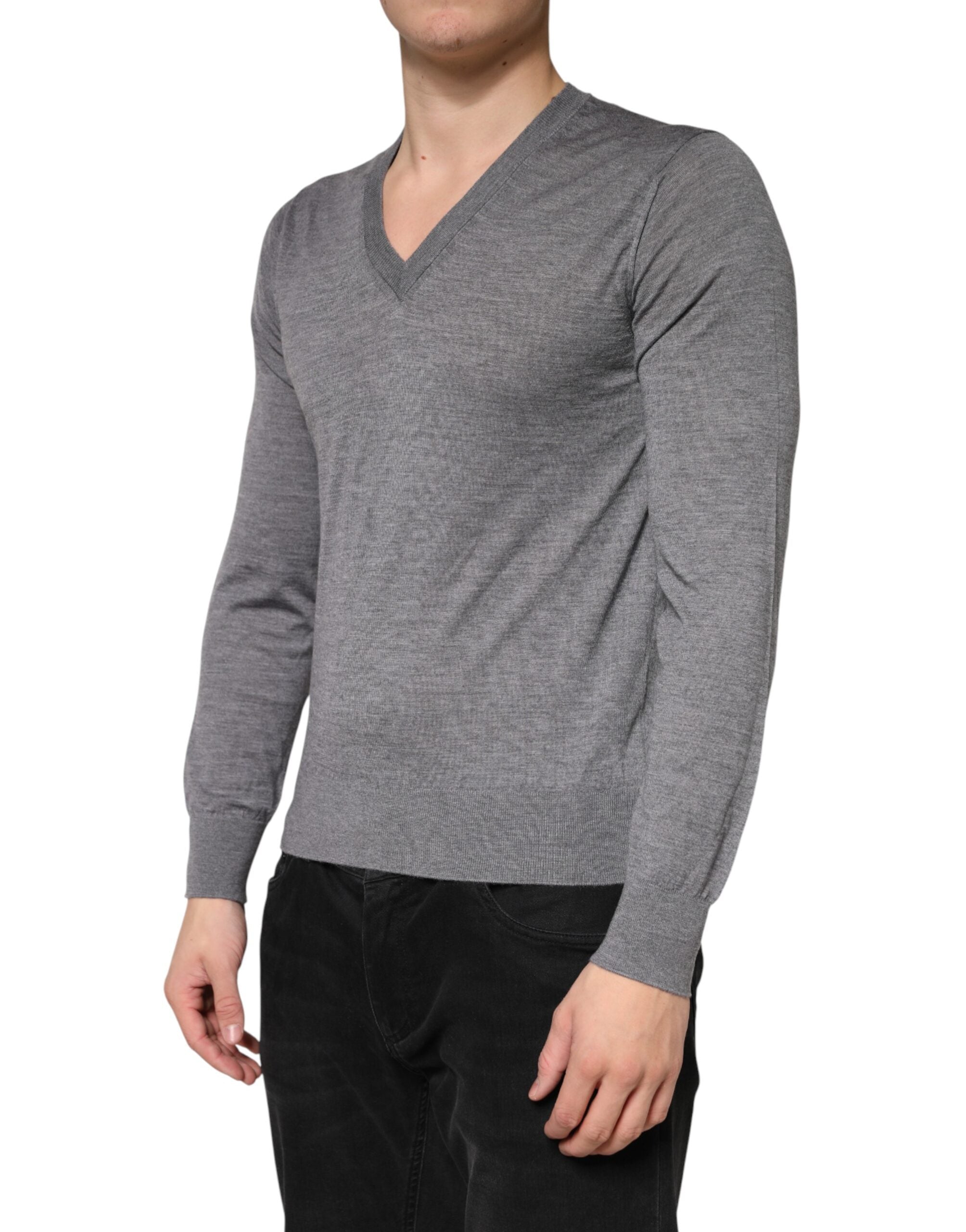 Gray Cashmere V-Neck Men Pullover Sweater