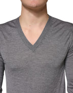 Gray Cashmere V-Neck Men Pullover Sweater