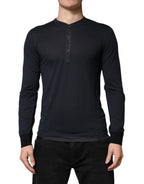 Dark Blue Cotton Henley Long Sleeves T-Shirt