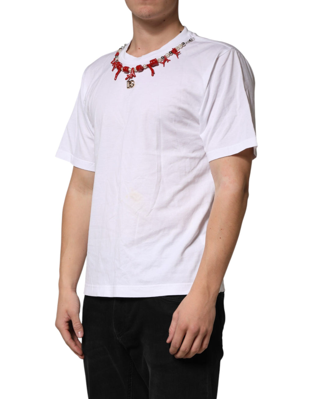 White Cotton Necklace Embellished T-shirt