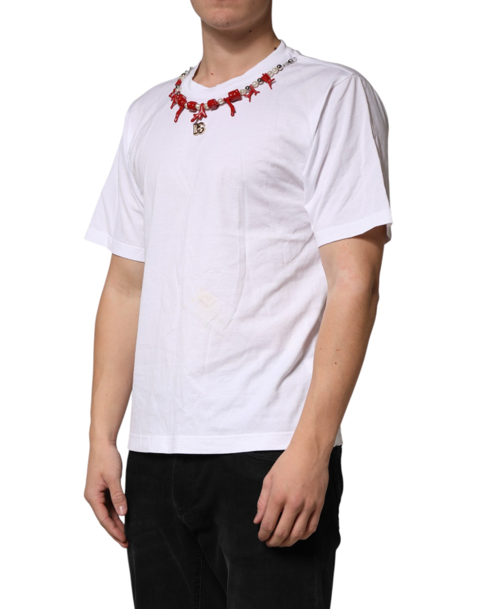 White Cotton Necklace Embellished T-shirt