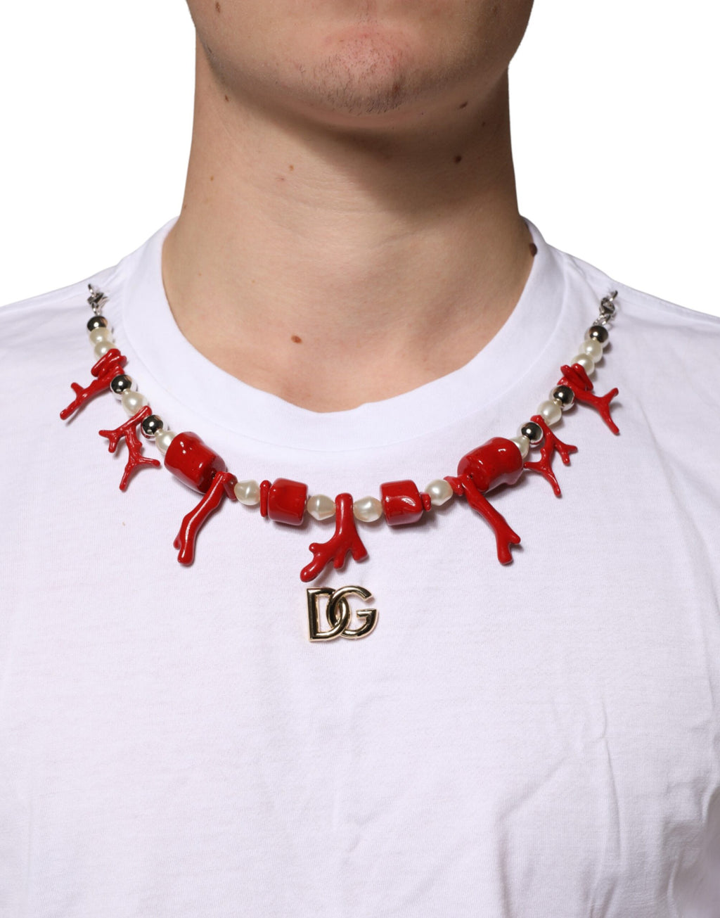 White Cotton Necklace Embellished T-shirt