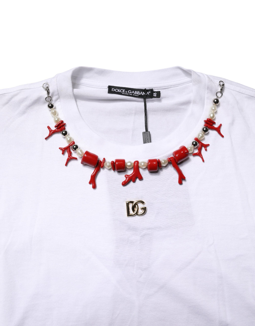 White Cotton Necklace Embellished T-shirt
